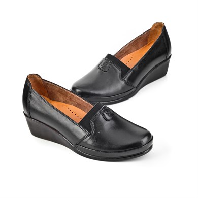 Women Black Genuine Leather Slip On Casual Shoes