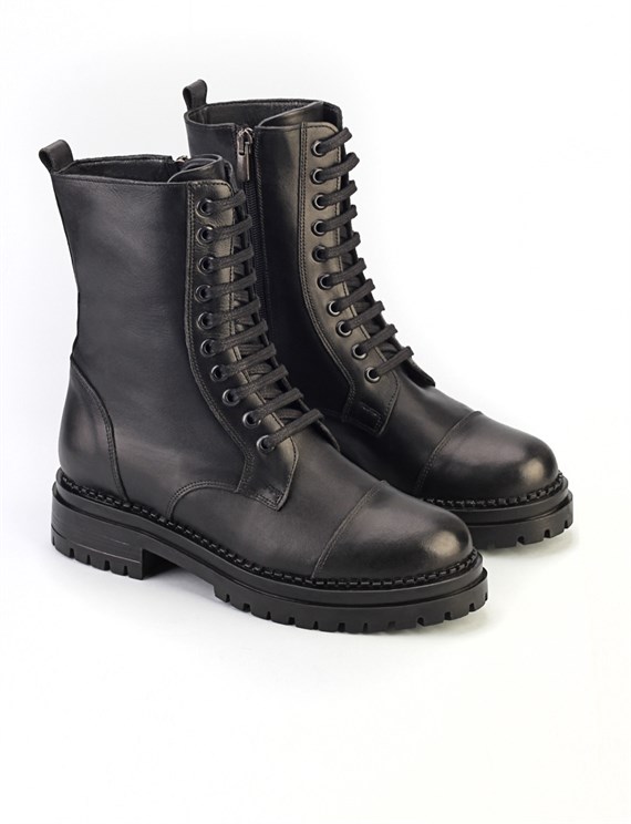 Women Black Genuine Leather Zipper Clousure Casual Boots