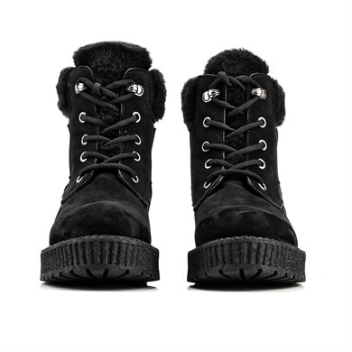 Genuine Leather Black Nubuck Lace Up Women Flat Boot